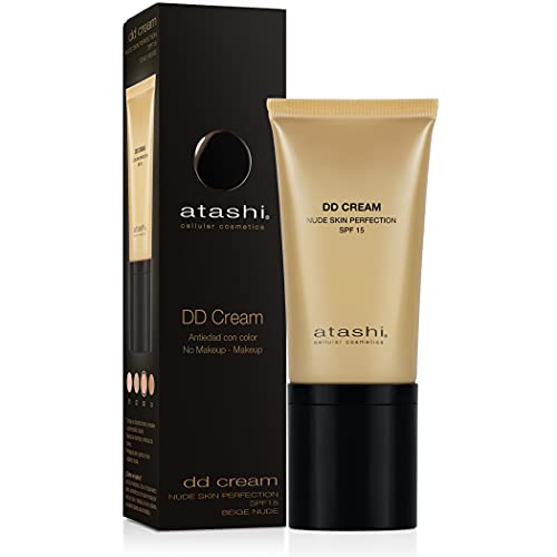 Atashi Cellular Cosmetics DD Cream Antiedad, Tratamiento Antiedad con Color, No Makeup - Makeup, Atenúa Manchas y Minimiza Poros, Gardenia Jasminoide y Retinol, Airless, Tono Beige Nude, SPF15-50 ml