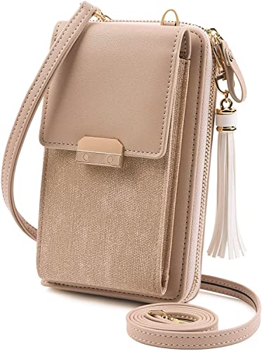 Aucuu Bolso de Teléfono Móvil para Mujer,Cartera Movil Cuero PU Bolso para Movil (10.3 * 4.5 * 17.5 cm),Mini Bolso Bandolera con Correa Ajustable（70-136CM + Borla (Albaricoque)