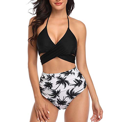 Auifor Mujeres Traje de baño Halter del Vendaje Wrap Bikini de Push-up con Pliegues de Cintura Alta del Traje de baño（Hoja Negra/Small）