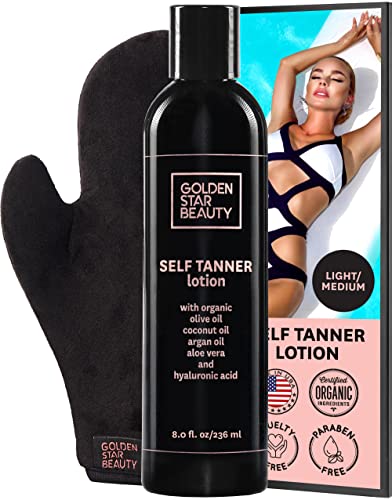 Autobronceador Loción con Manopla de Bronceado - Self Tanner con Aceites Orgánicos - Bronceador Corporal Gradual para un Bronceado Ligero o Medio, 236 ml