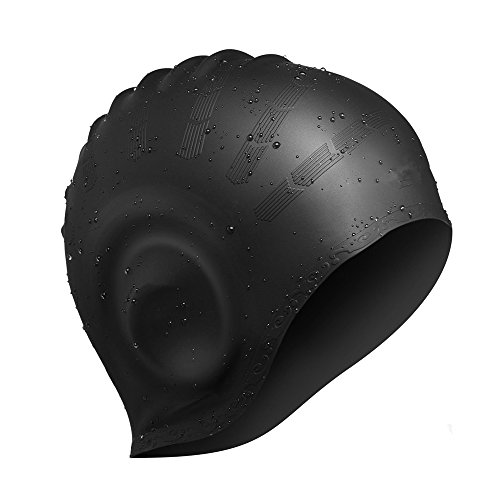 Avril Tian Gorro de natación de silicona impermeable unisex gorro de natación con cubierta para las orejas para mujeres y hombres para deportes acuáticos (negro)