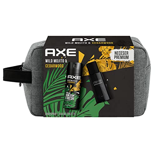 AXE Neceser Hombre Set de Baño con Bolsa de Aseo Wild Mojito & Cedarwood Desodorante BodySpray 150 ml + Eau de Toilette 100 ml