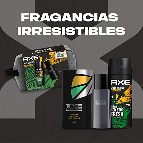 AXE Neceser Hombre Set de Baño con Bolsa de Aseo Wild Mojito & Cedarwood Desodorante BodySpray 150 ml + Eau de Toilette 100 ml