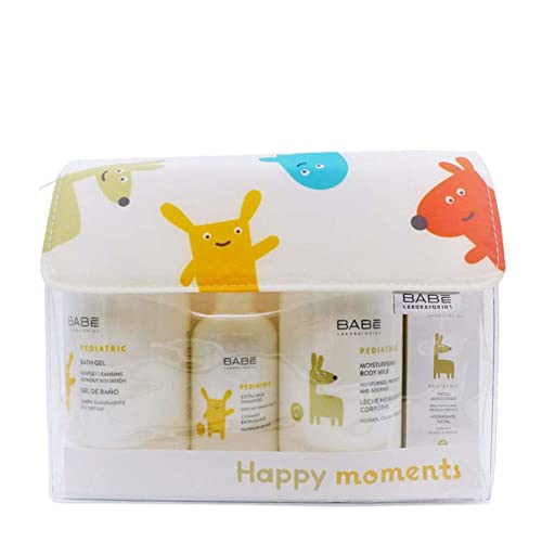 Babé Happy Moments Neceser Pediatric Baby Gel, 500ml + Leche, 500ml+ Champú Extrasuave, 200ml+Hidrantante Facial,50ml