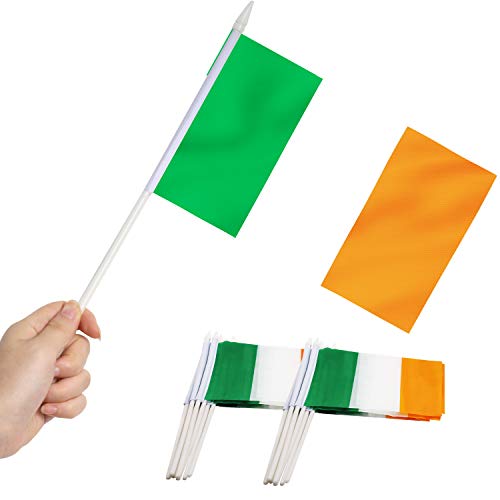 Bandera de palo de Irlanda, ANLEY Bandera nacional de Irlanda de 5x8 pulgadas con mini asta con poste sólido blanco de 12 "- Colores vivos y resistentes a la decoloración - Banderas de palo