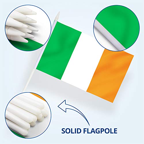 Bandera de palo de Irlanda, ANLEY Bandera nacional de Irlanda de 5x8 pulgadas con mini asta con poste sólido blanco de 12 "- Colores vivos y resistentes a la decoloración - Banderas de palo