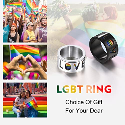 Bandmax Gay Pride Anillo Orgullo Spinner Banda Arco Iris Anillo Nombre Grabado Love is Love Anillo Negro para Hombres Mujeres, Tamano 62