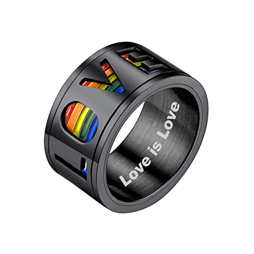 Bandmax Gay Pride Anillo Orgullo Spinner Banda Arco Iris Anillo Nombre Grabado Love is Love Anillo Negro para Hombres Mujeres, Tamano 62