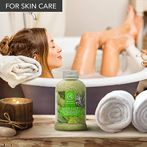 Baño de Sal Marina 600 g con Pino - Eucalipto - Aceites Esenciales de Abeto y Romero - Sales de Baño - Cuidado del Cuerpo - Buen Sueño - Belleza - Cuidado del Cuerpo - Bienestar - Aromaterapia - Spa