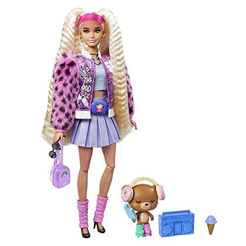 Barbie Extra Muñeca articulada con Pelo púrpura, Accesorios de Moda y Mascota(Mattel GXF08) + Extra Muñeca Rubia articulada con coletas Altas, Accesorios de Moda y Mascota (Mattel GYJ77)