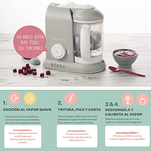 BÉABA Babycook Solo, Robot de cocina infantil 4 en 1, Tritura, cocina y cuece al vapor, Cocción rápida, Comida casera y deliciosa para bebés y niños, Comida variada para tu bebé, Gris