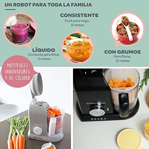 BÉABA Babycook Solo, Robot de cocina infantil 4 en 1, Tritura, cocina y cuece al vapor, Cocción rápida, Comida casera y deliciosa para bebés y niños, Comida variada para tu bebé, Gris