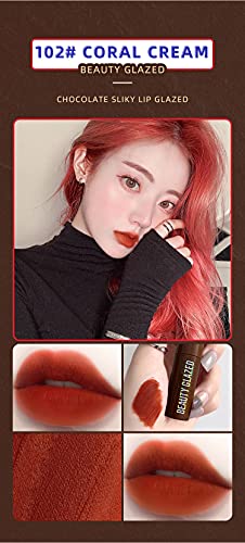 Beauty Glazed Chocolate Lipstick Matte Lip Glaze Velvet Matte Smooth Plush Matte excelente rendimiento a prueba de agua Brillo de labios Sexy Red Lip Makeup Cosmético # 102 Coral Cream