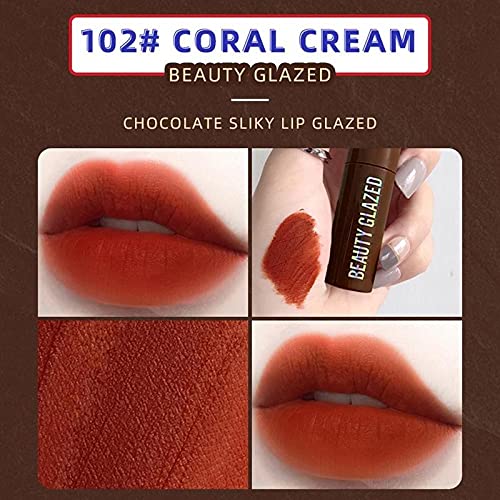 Beauty Glazed Chocolate Lipstick Matte Lip Glaze Velvet Matte Smooth Plush Matte excelente rendimiento a prueba de agua Brillo de labios Sexy Red Lip Makeup Cosmético # 102 Coral Cream