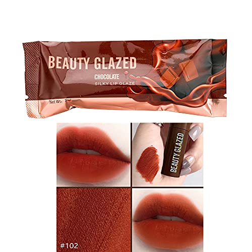 Beauty Glazed Chocolate Lipstick Matte Lip Glaze Velvet Matte Smooth Plush Matte excelente rendimiento a prueba de agua Brillo de labios Sexy Red Lip Makeup Cosmético # 102 Coral Cream