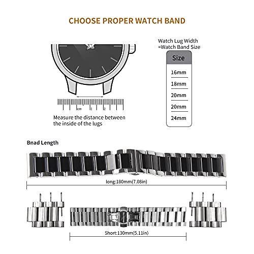 Beauty7 Correa para Reloj de Acero Inoxidable Hebilla Plateada y Negra Dos Tonos Correa con Herramientas Reemplazo Doble Claps de Bloqueo 16mm 18mm 20mm 21mm 22mm 23mm 24mm