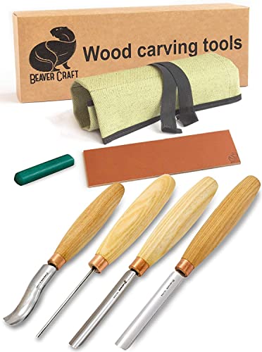 BeaverCraft, juego de cinceles para tallado de madera SC01, juego de herramientas para tallar madera en bolsa con kit de compuesto de pulido de cuero - Gubia de cincel plano de radial