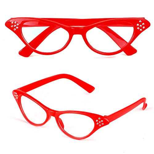 Beelittle 50's Costume Accessories Set 1950's Chiffon Scarf Cat Eye Glasses Bandana Tie Diadema Drop Dot Pendientes (Rojo)