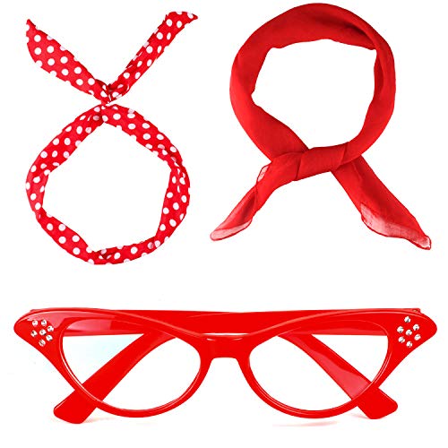 Beelittle 50's Costume Accessories Set 1950's Chiffon Scarf Cat Eye Glasses Bandana Tie Diadema Drop Dot Pendientes (Rojo)