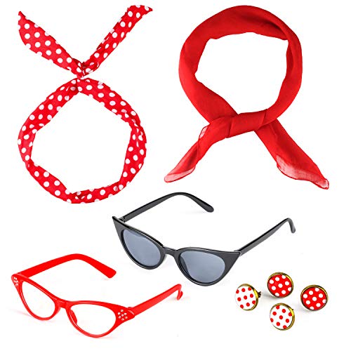 Beelittle 50's Costume Accessories Set 1950's Chiffon Scarf Cat Eye Glasses Bandana Tie Diadema Drop Dot Pendientes (Rojo)