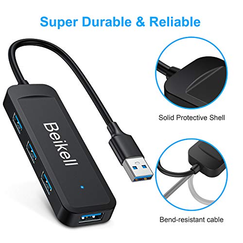 Beikell Hub USB 3.0 con 4 Puertos, Concentrador Adaptador USB Data Hub Ultrafino de Alta Velocidad-5Gbps con Indicador LED para PC, Portátil, MacBook, PS4, Xbox, USB Flash Drives y más