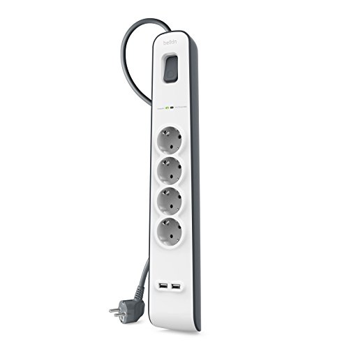 Belkin BSV401 SurgeStrip - Tira de protección contra sobretensiones de 4 vías con conexiones USB (2.4 A), blanco