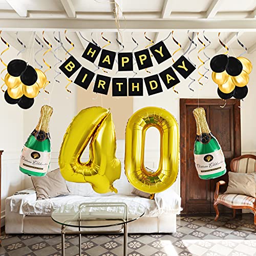 Belle Vous Decoración Cumpleaños # 40 Globos Cumpleaños Fiesta – Globos de Aluminio Número 40 – Pancarta Happy Birthday Negra y Dorada Reutilizable – Botellas de Champán Inflable – Globos de Látex