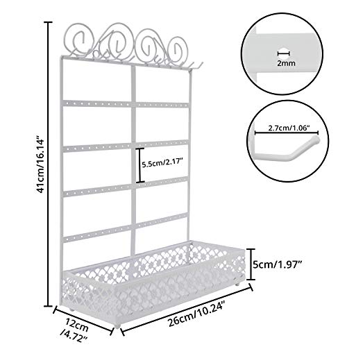 Belle Vous Joyero Blanco de Metal Organizador de Pendientes Soporte Joyas con Bandeja Base – 5 Niveles 80 Agujeros y 10 Ganchos – Soporte Pared y Mesa para Collares, Brazaletes, Anillos y Cosméticos