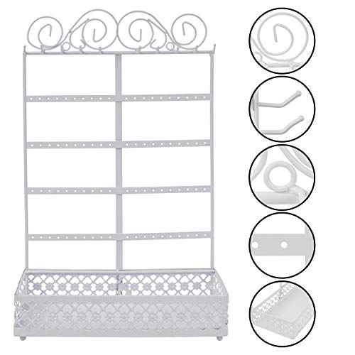 Belle Vous Joyero Blanco de Metal Organizador de Pendientes Soporte Joyas con Bandeja Base – 5 Niveles 80 Agujeros y 10 Ganchos – Soporte Pared y Mesa para Collares, Brazaletes, Anillos y Cosméticos