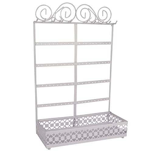 Belle Vous Joyero Blanco de Metal Organizador de Pendientes Soporte Joyas con Bandeja Base – 5 Niveles 80 Agujeros y 10 Ganchos – Soporte Pared y Mesa para Collares, Brazaletes, Anillos y Cosméticos