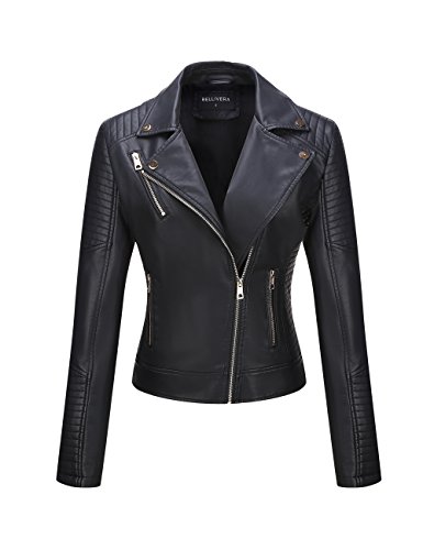 BELLIVERA Chaqueta Corta Cuero Sintética para Mujer Otoño Moto Biker Abrigo Informal 53 Negro L