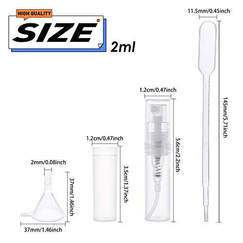 BENECREAT 80PCS 2ml Mini Botellas de Spray de Plástico Transparente Botellas Vacías Atomizador de Perfume con Pipetas de Transferencia, Embudos y Bombas Dispensadoras de Cosméticos