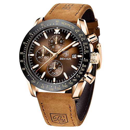 BENYAR Relojes Hombre Relojes de Pulsera Cronografo Diseñador Impermeable Reloj Hombre Banda de Cuero Analogicos Fecha de Pulsera Regalo Elegante