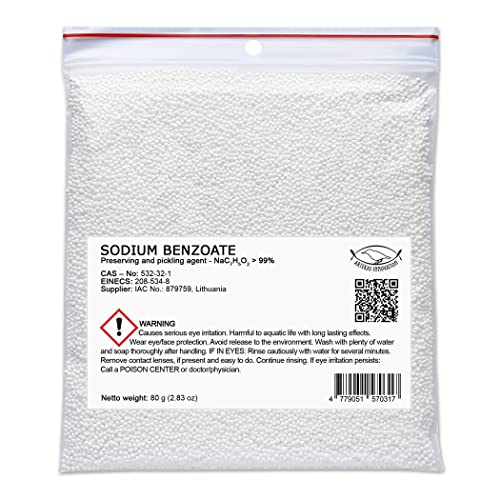 Benzoato de Sodio en Gránulos - 80 g - Conservante, Aditivo - Para uso Interno y Externo - Cosméticos y Cuidado Personal, Alimentos y Bebidas, Conservante y Decapado, Medicamentos