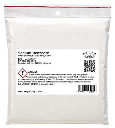 Benzoato de Sodio en Polvo - 200 g - Conservante, Aditivo - Para uso Interno y Externo - Cosméticos y Cuidado Personal, Alimentos y Bebidas, Conservante y Decapado, Medicamentos