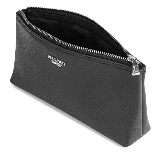 Berliner Bags Premium Estuche Cosmetica Anna Boligrapho de Maquillaje Bolsa de Afeitado de Cuero de Calidad Suprema Negro/Plateado