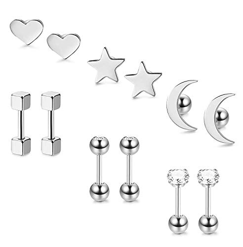 BESTEEL 6 Pares Acero Inoxidable Pendientes de Estrella Luna y Corazón de las Mujeres Aretes Pendientes Piercing Cartilago Joyería de Moda