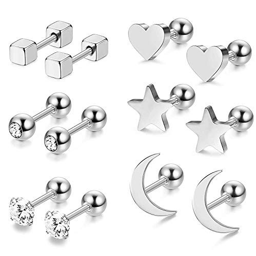 BESTEEL 6 Pares Acero Inoxidable Pendientes de Estrella Luna y Corazón de las Mujeres Aretes Pendientes Piercing Cartilago Joyería de Moda