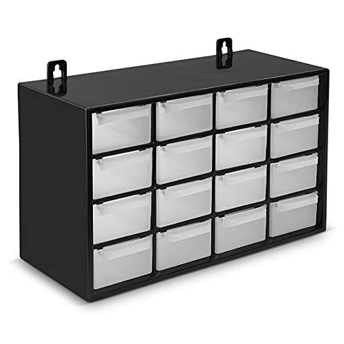 BG Spazio - Clasificador apilable con 16 cajones, negro, 17 x 27 x 12 cm. Módulo, estante organizador de plástico para piezas pequeñas, taller, costura