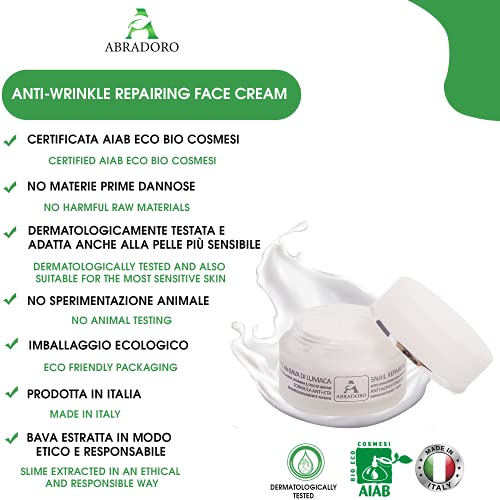 BIO baba de caracol crema facial con ácido hialurónico, colágeno, vitamina E, aceite de argán - para cara, cuello y escote antiarrugas Eficaz contra cicatrices de acné Manchas y estrías Made in Italy