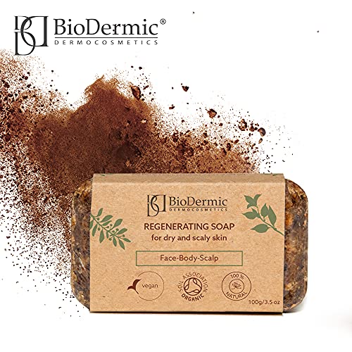 BioDermic Jabón regenerador 100% natural para pieles secas y escamosas, para rostro, cuerpo y cabeza, a base de jabón negro africano, 1 x 100 g