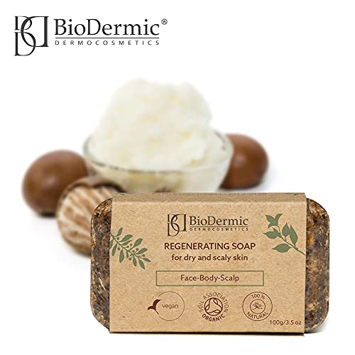 BioDermic Jabón regenerador 100% natural para pieles secas y escamosas, para rostro, cuerpo y cabeza, a base de jabón negro africano, 1 x 100 g