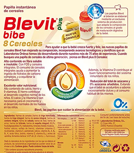 Blevit Plus Bibe 8 Cereales - Papilla de Cereales para Bebé fórmula especial para Biberón - Sin Azúcares Añadidos - Desde los 5 meses - 600g