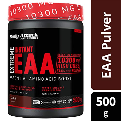 Body Attack Extreme Instant EAA Powder - 500g, extremadamente sabroso, instantáneamente soluble, vegano, 8 aminoácidos esenciales altamente dosificados - 10300mg EAA por batido, CocaCola