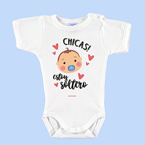 Body Bebé Personalizado con Nombre 100% Algodón Orgánico"Chic@s! Estoy Solter@" (1 mes, Azul - Chicas! Estoy Soltero)