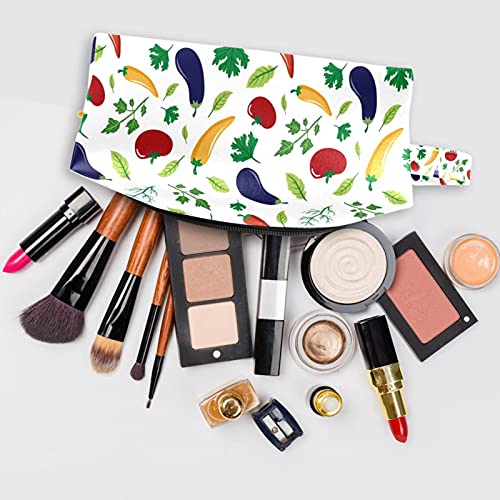 Bolsa de cosméticos, Bolsas de Maquillaje de Viaje portátiles, Organizador de artículos de tocador, Estuche para lápices para Mujeres, niñas, Verduras, Berenjena, Tomate, Hojas de Pimiento Picante