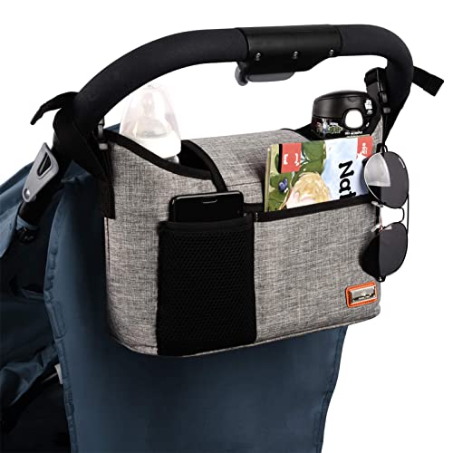 Bolsa Organizadora Para Cochecito - Gran capacidad de 11 litros - Para accesorios de bebé - Con 2 portavasos profundos y correa para el hombro - Se adapta a todos los modelos de cochecito (gris)