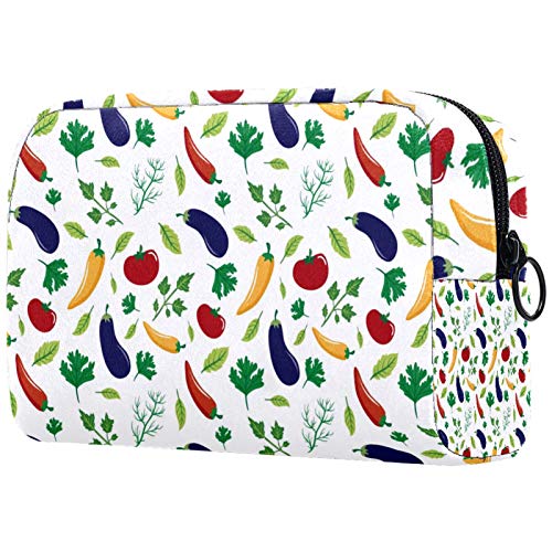 Bolsas de cosméticos para niña Bolsa de Maquillaje para Mujer Bolsa organizadora de artículos de tocador con Cremallera 7.3x3x5.1 Pulgadas Verduras Berenjena Tomate Hojas de Pimiento Picante