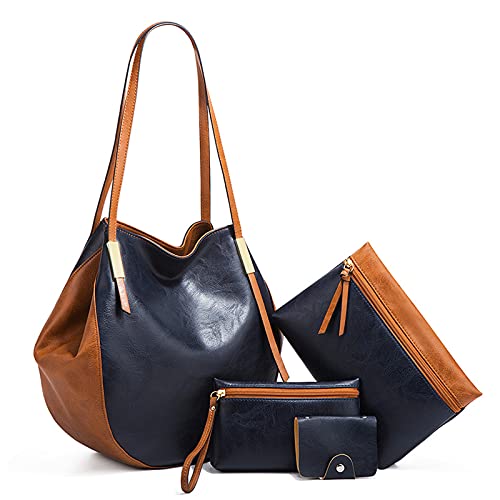 Bolsos de Mujer,Bolsos Mujer Grandes Cuero Bandolera Bolso Shopper Bolso Señora de 4 piezas con para mujer (Azul-Marrón)