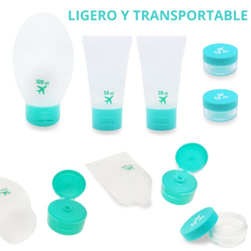 Botes RELLENABLES y Transparentes para Viajar en Avión | Neceser de Aseo Mujeres Hombres y Niños| Recipientes de Silicona para Líquidos Cremas y Gel | Kit de Viaje con Accesorios Completos (Verde)